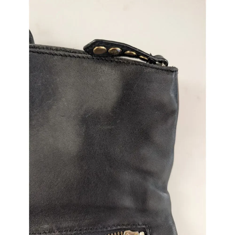 Besso Black Leather Clutch Gold Studded Buckle Fold Over Bag 10.5x6 Grunge...
